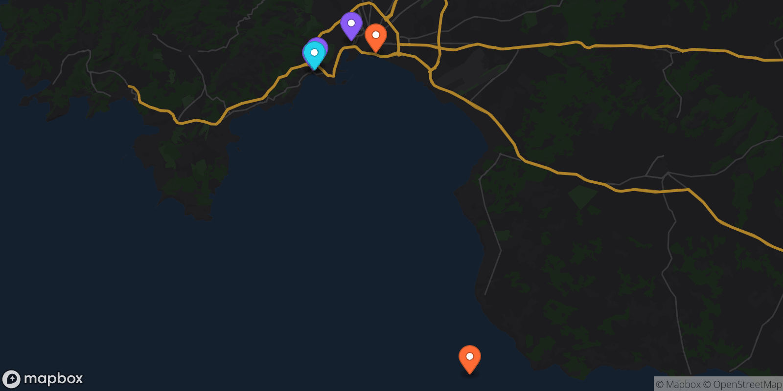 Map showing 6 locations