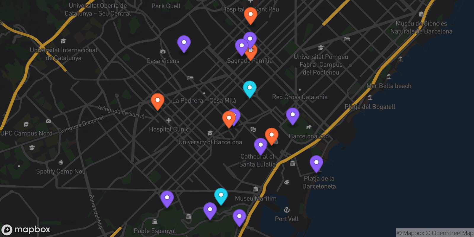 Map showing 18 locations