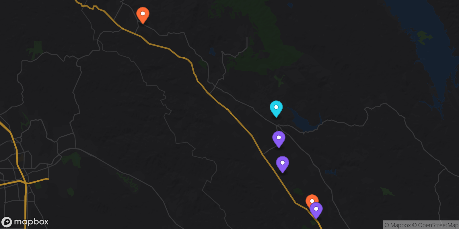 Map showing 6 locations