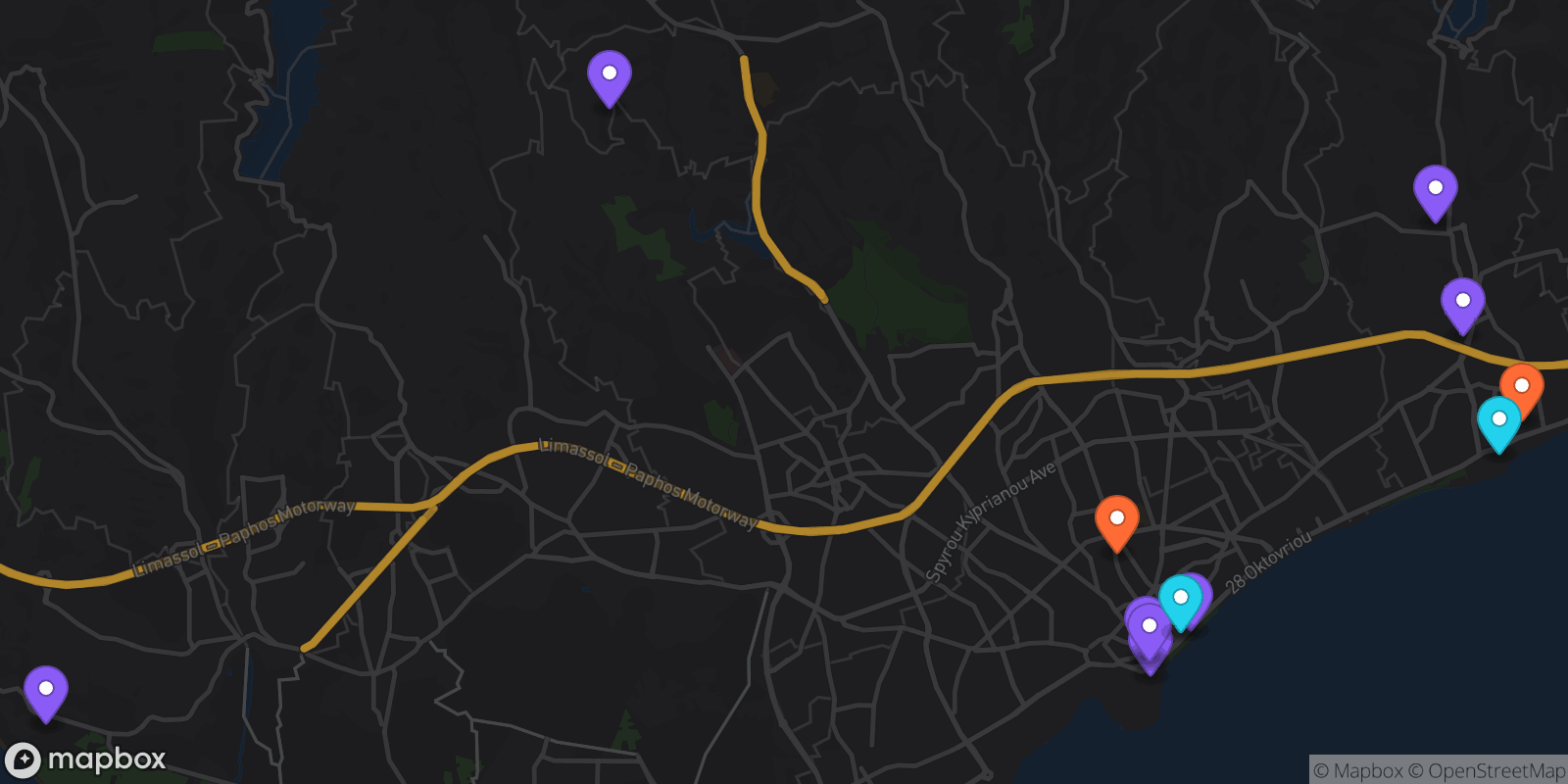 Map showing 13 locations