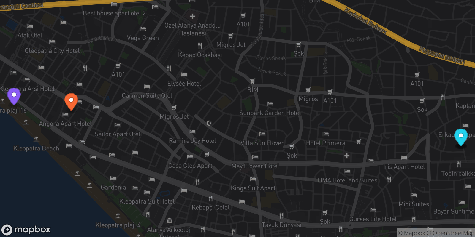 Map showing 5 locations
