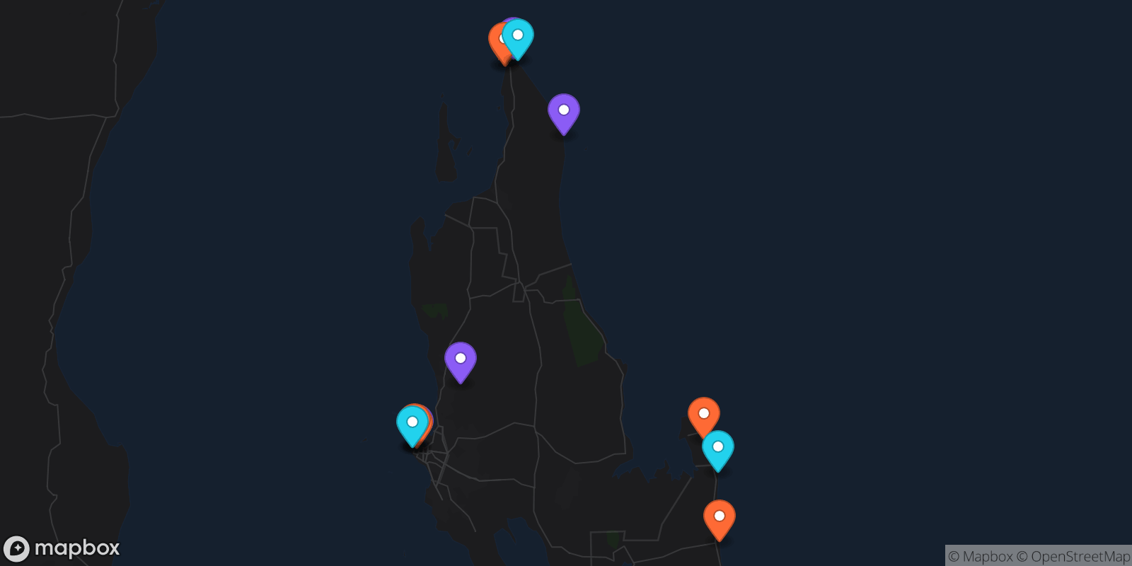 Map showing 14 locations