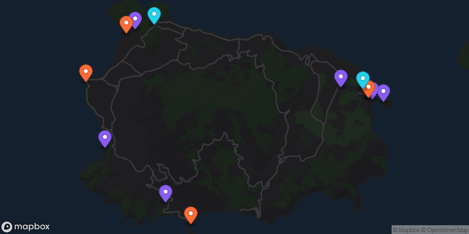 Map showing 13 locations