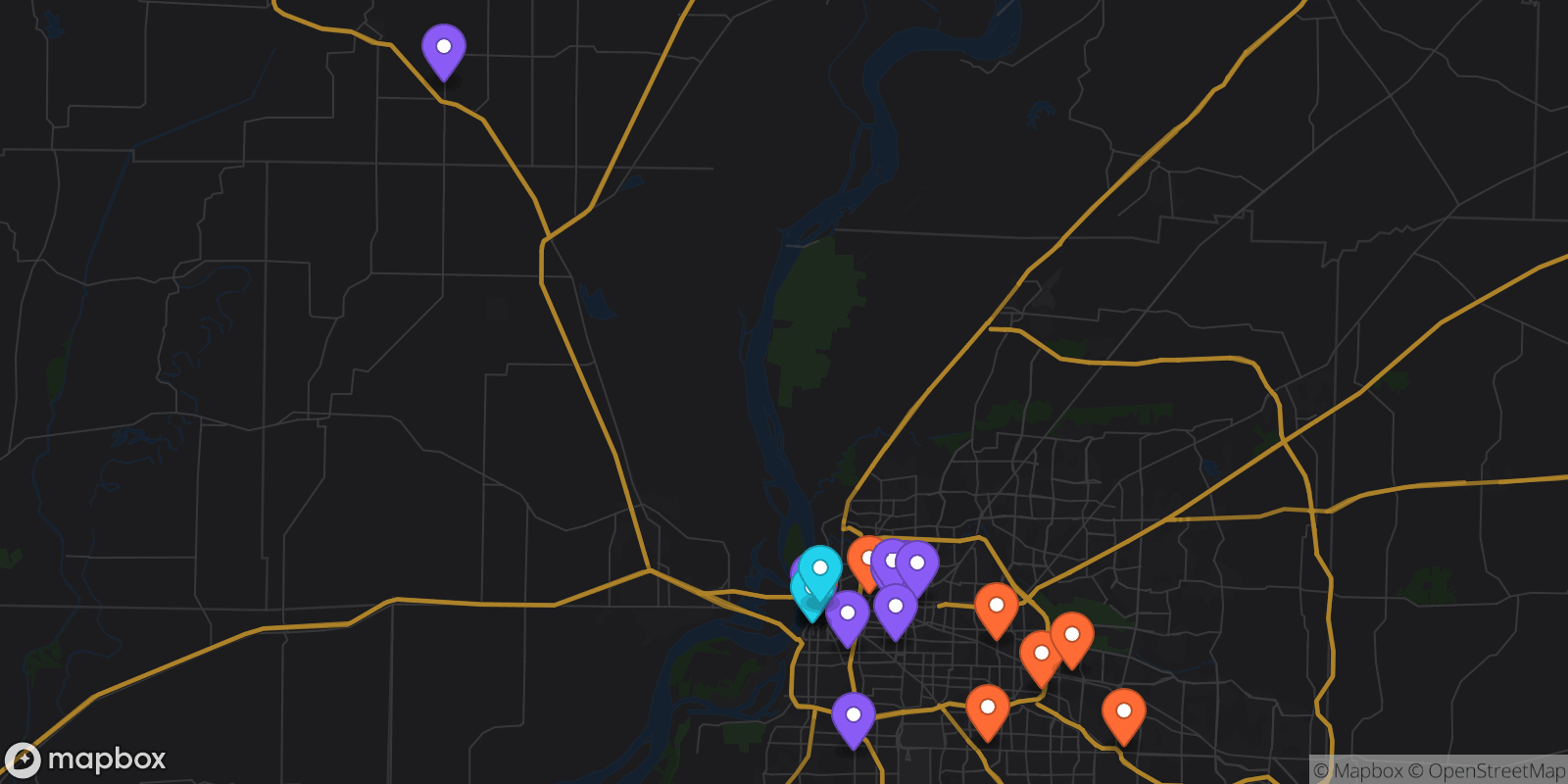 Map showing 21 locations