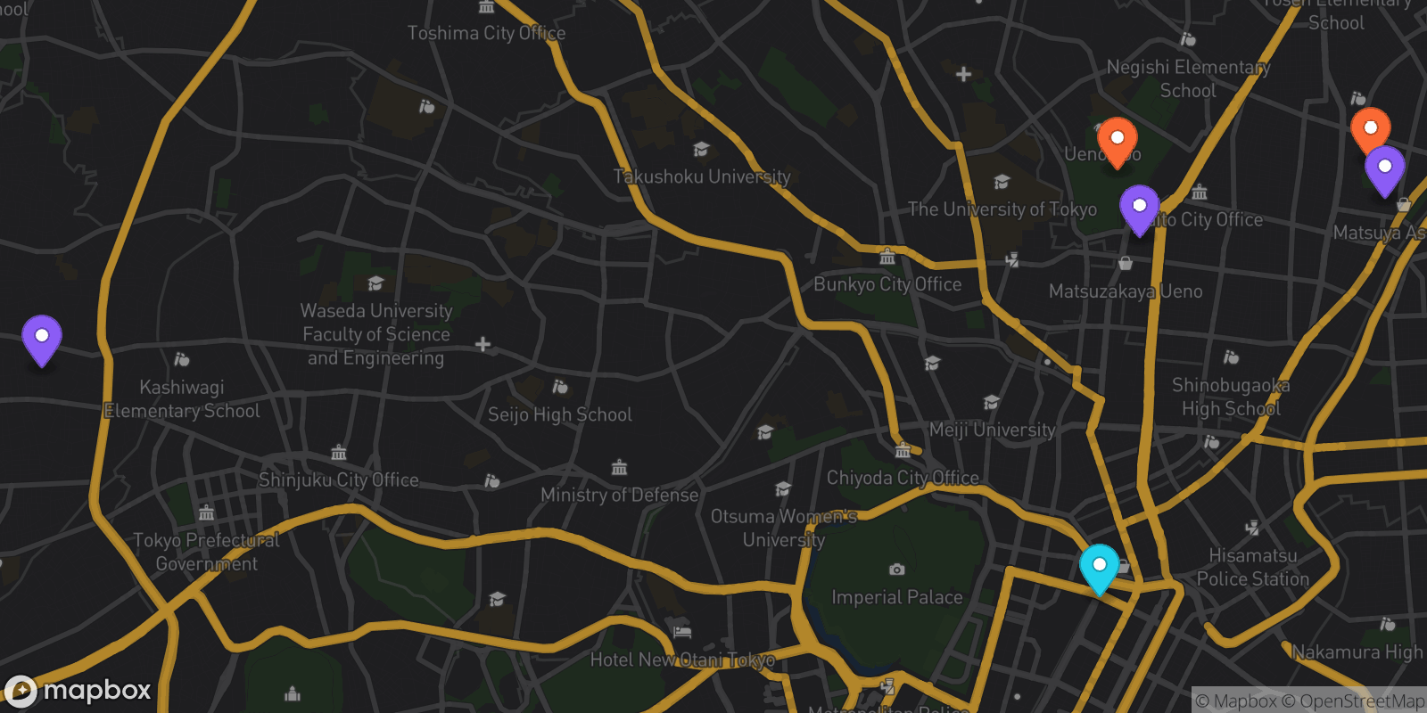 Map showing 6 locations