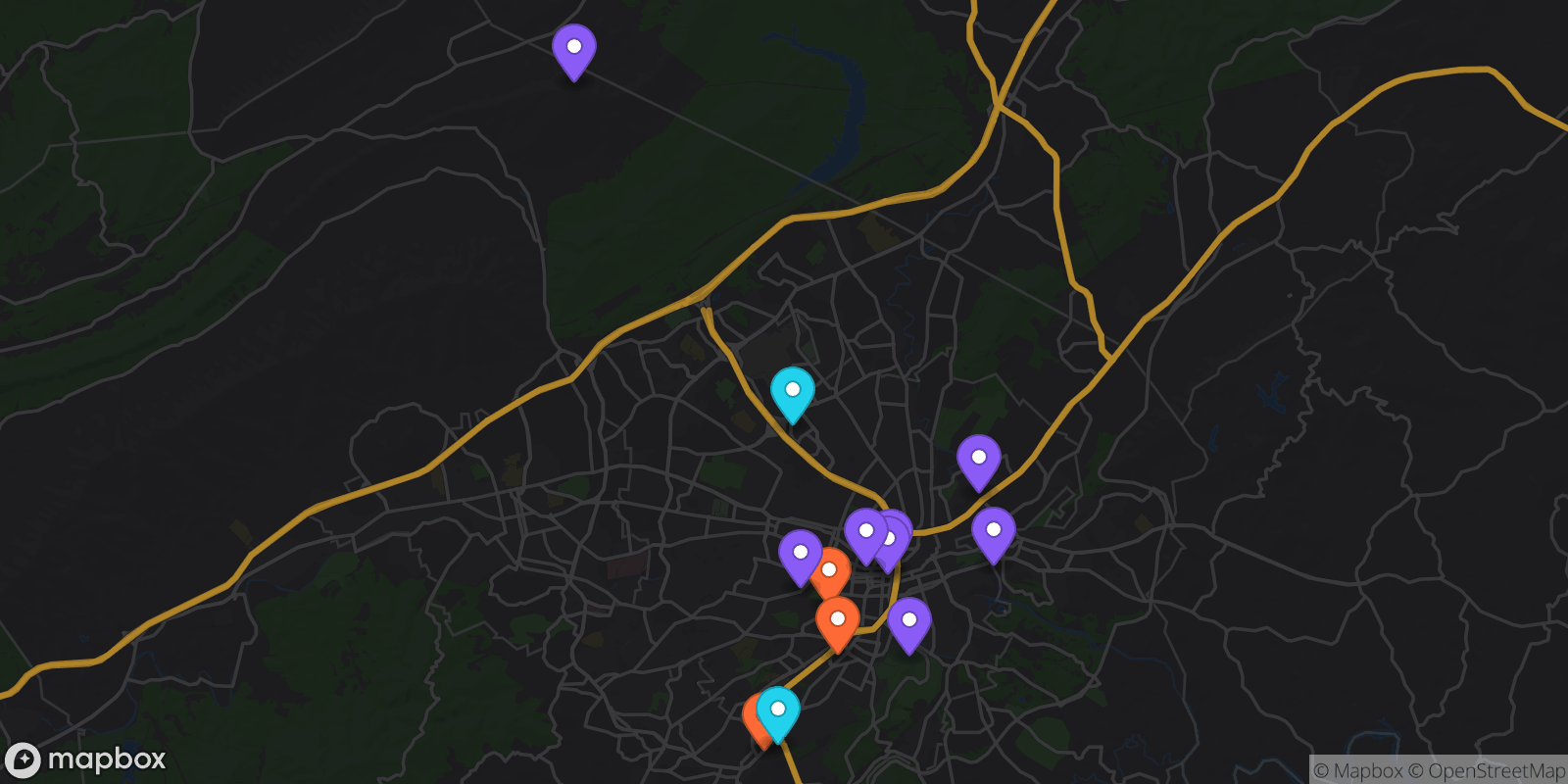Map showing 13 locations