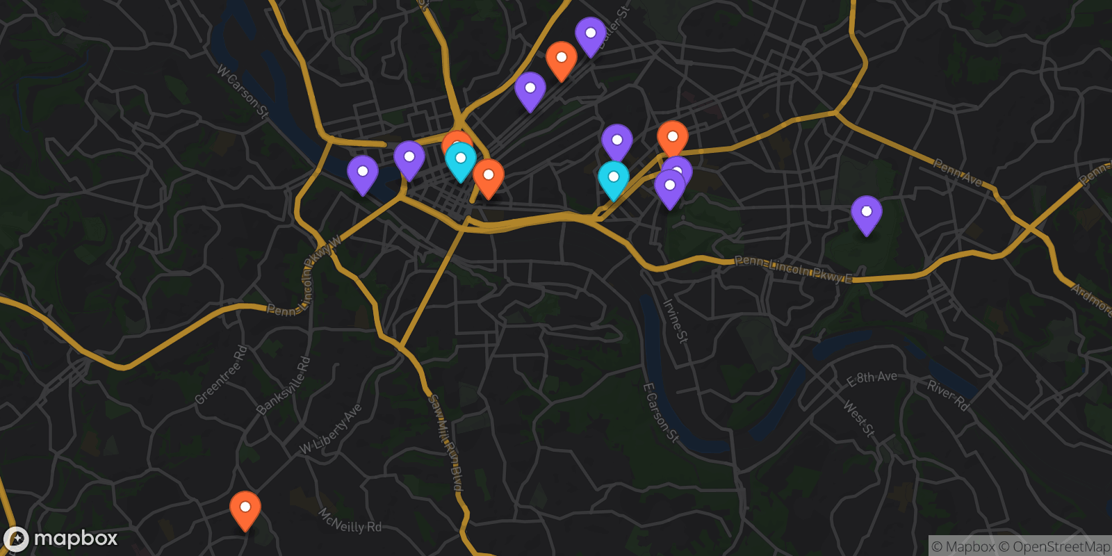 Map showing 16 locations