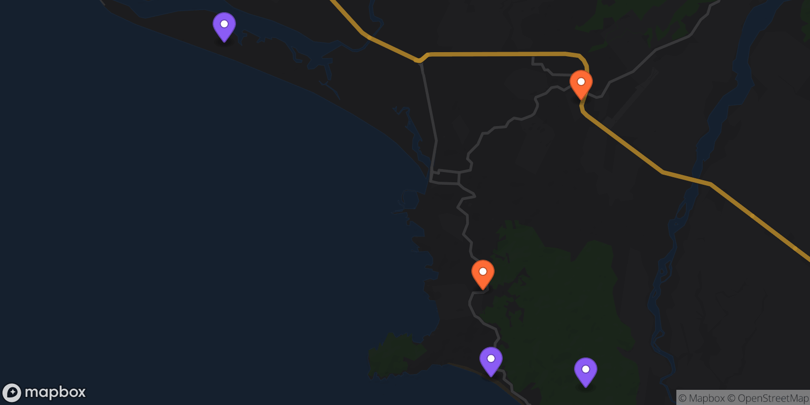 Map showing 5 locations