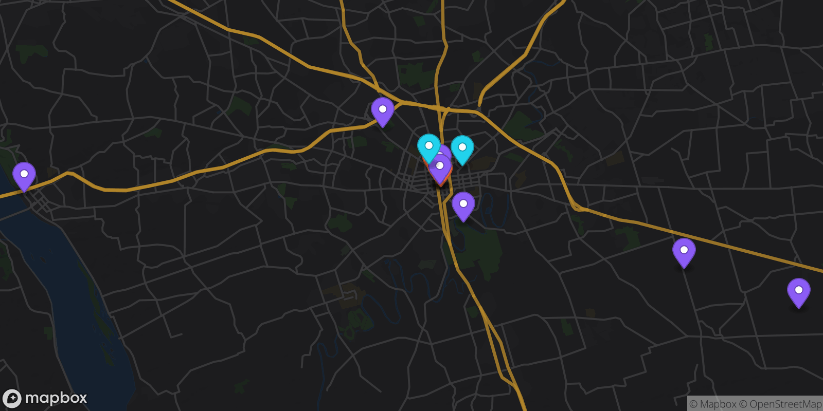 Map showing 14 locations