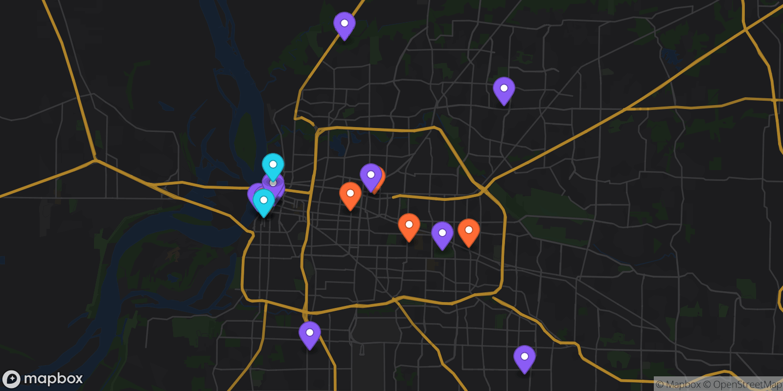 Map showing 21 locations