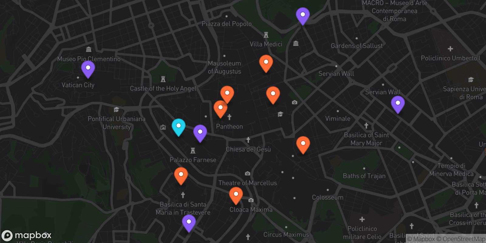 Map showing 13 locations