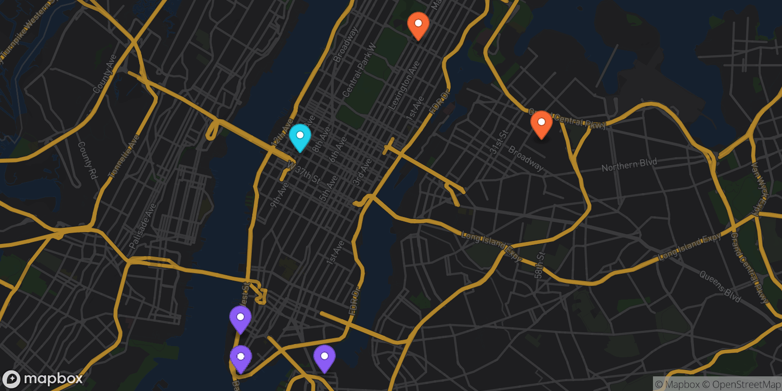 Map showing 6 locations