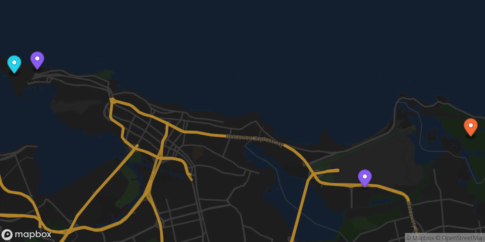 Map showing 6 locations