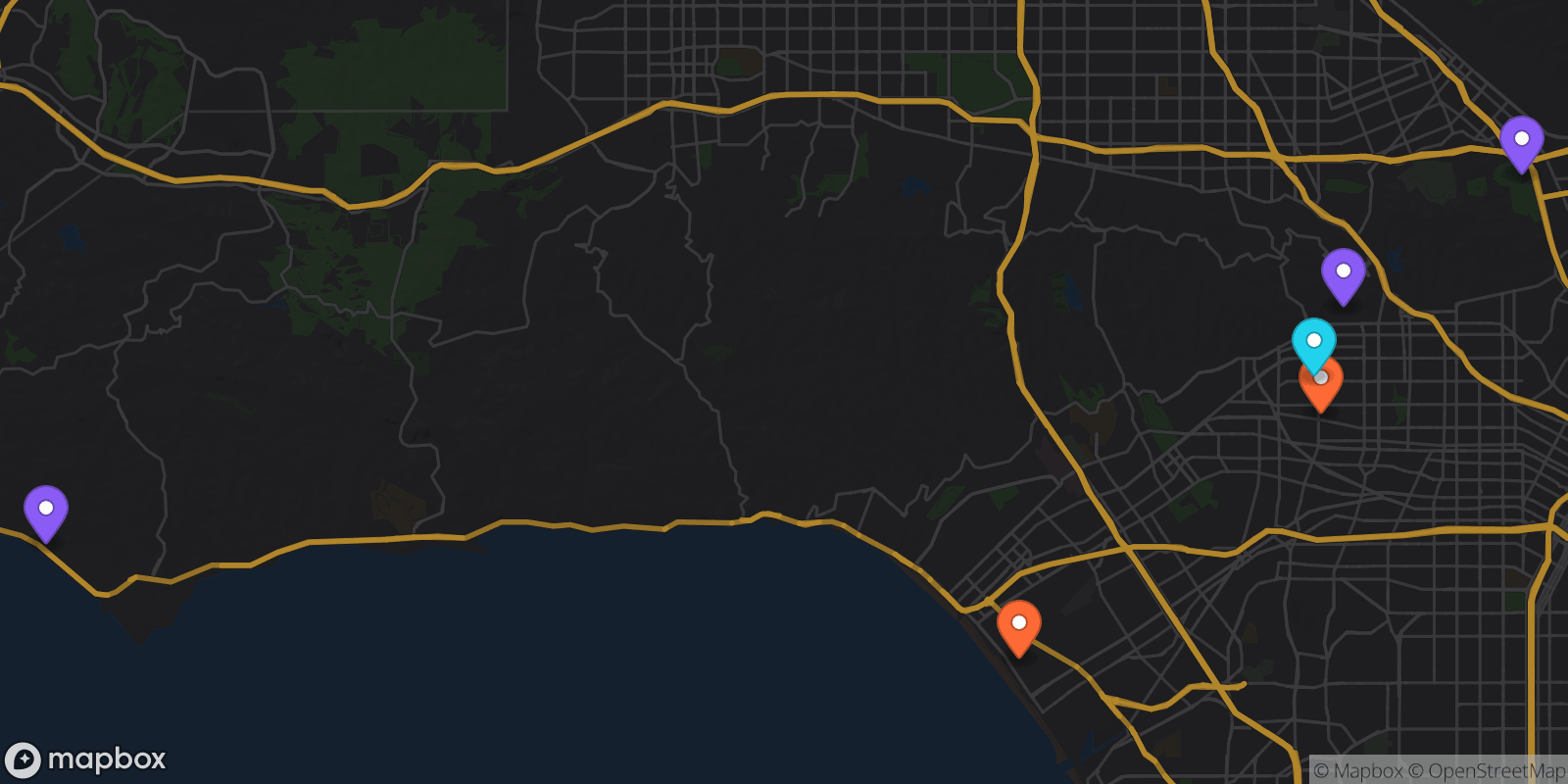 Map showing 6 locations