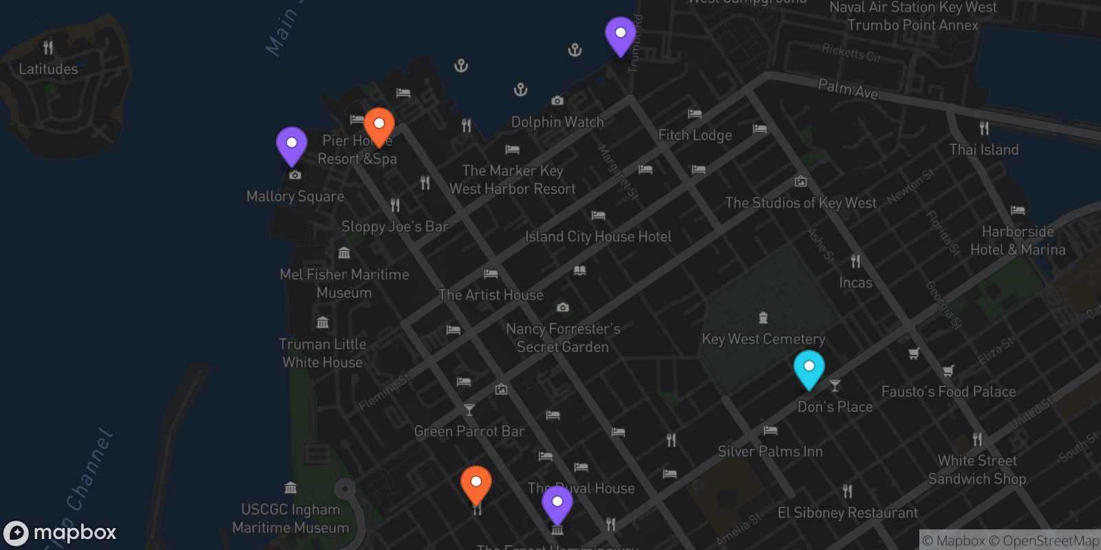 Map showing 6 locations