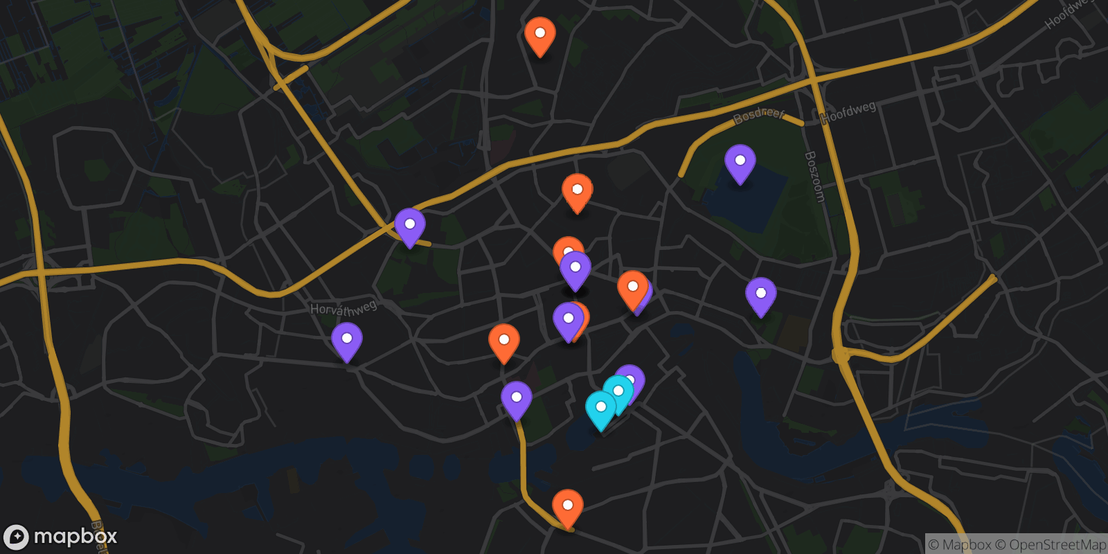 Map showing 21 locations
