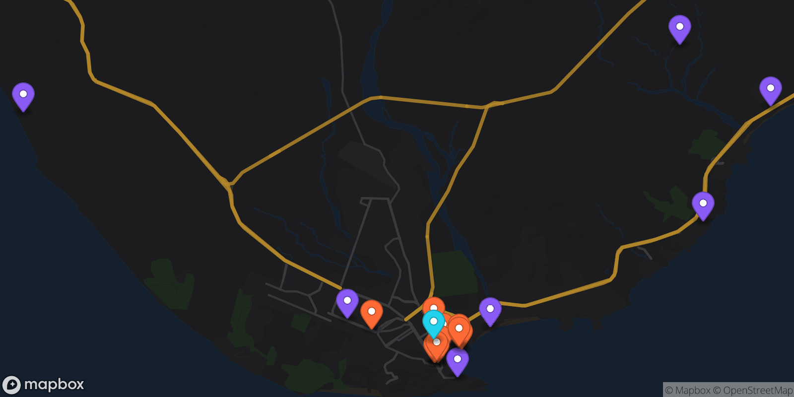 Map showing 22 locations