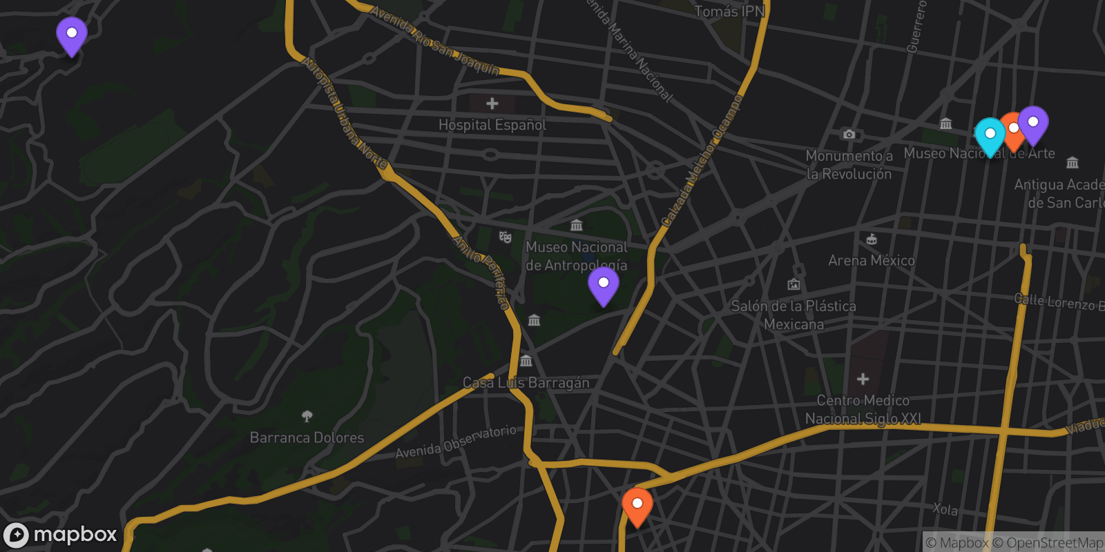 Map showing 6 locations