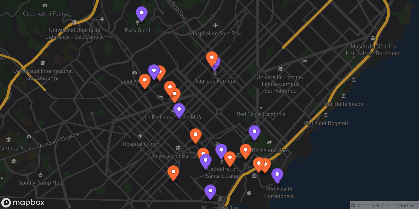 Map showing 21 locations