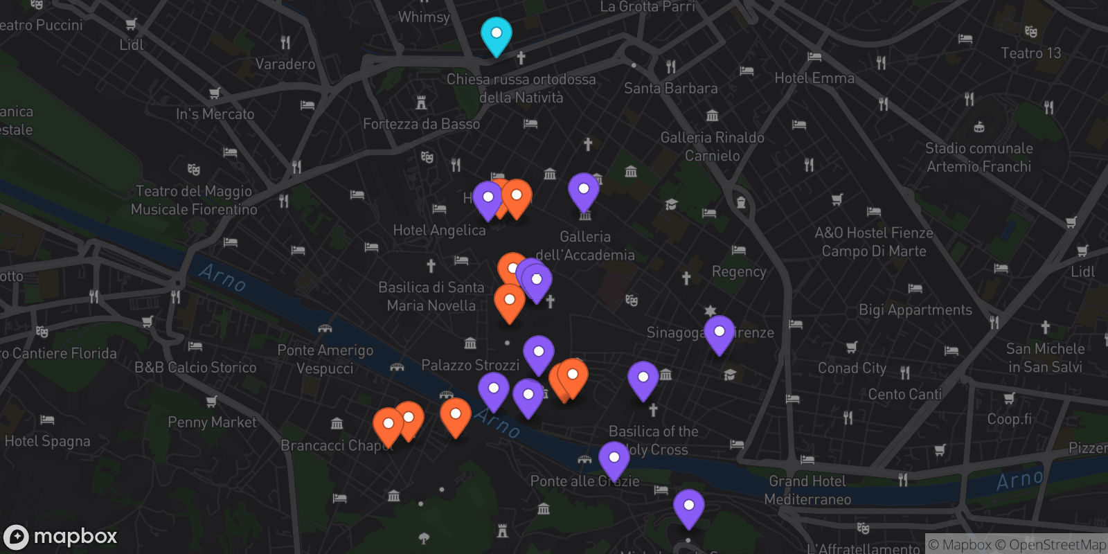 Map showing 21 locations