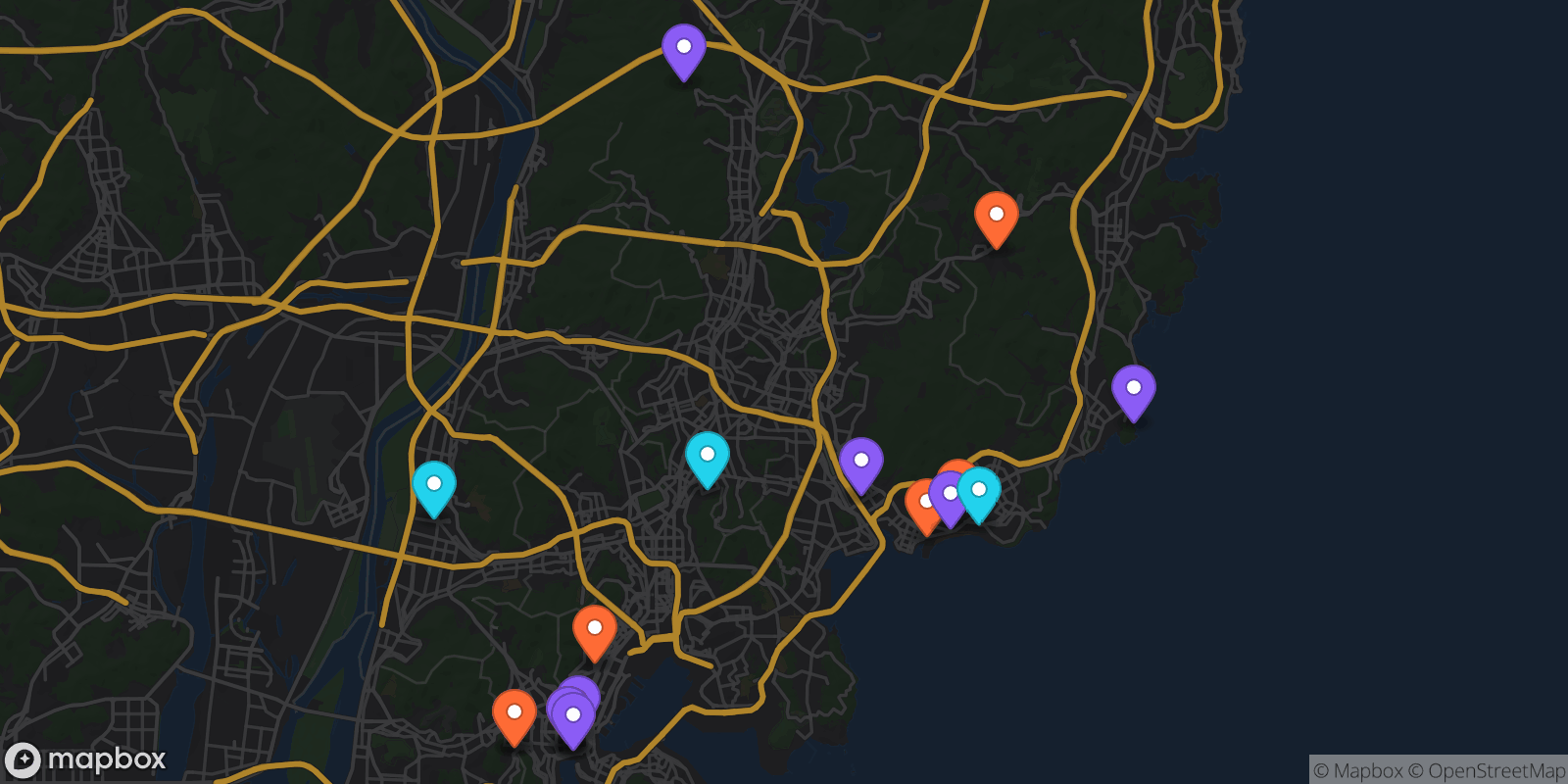 Map showing 18 locations