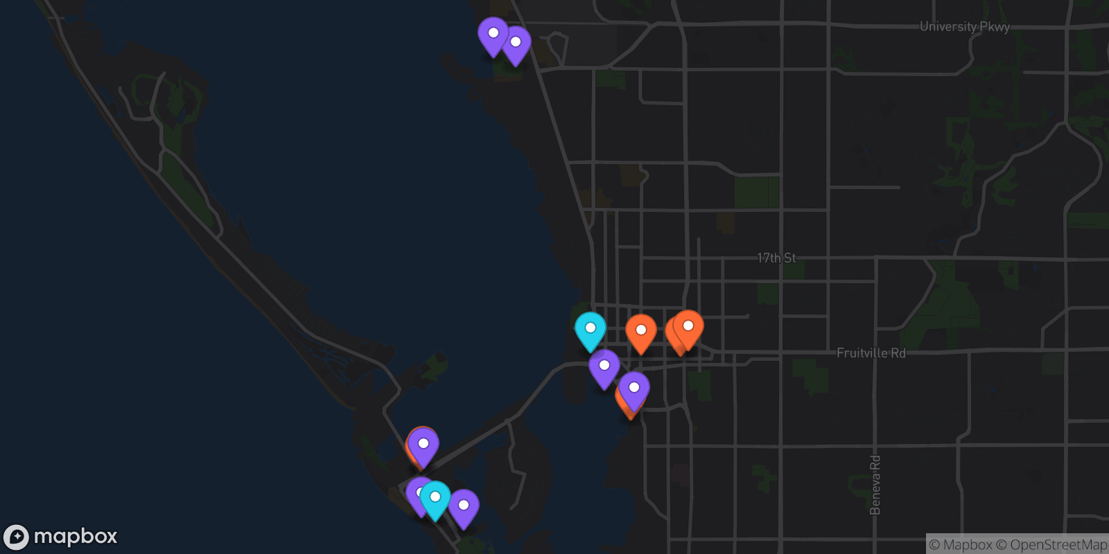 Map showing 15 locations