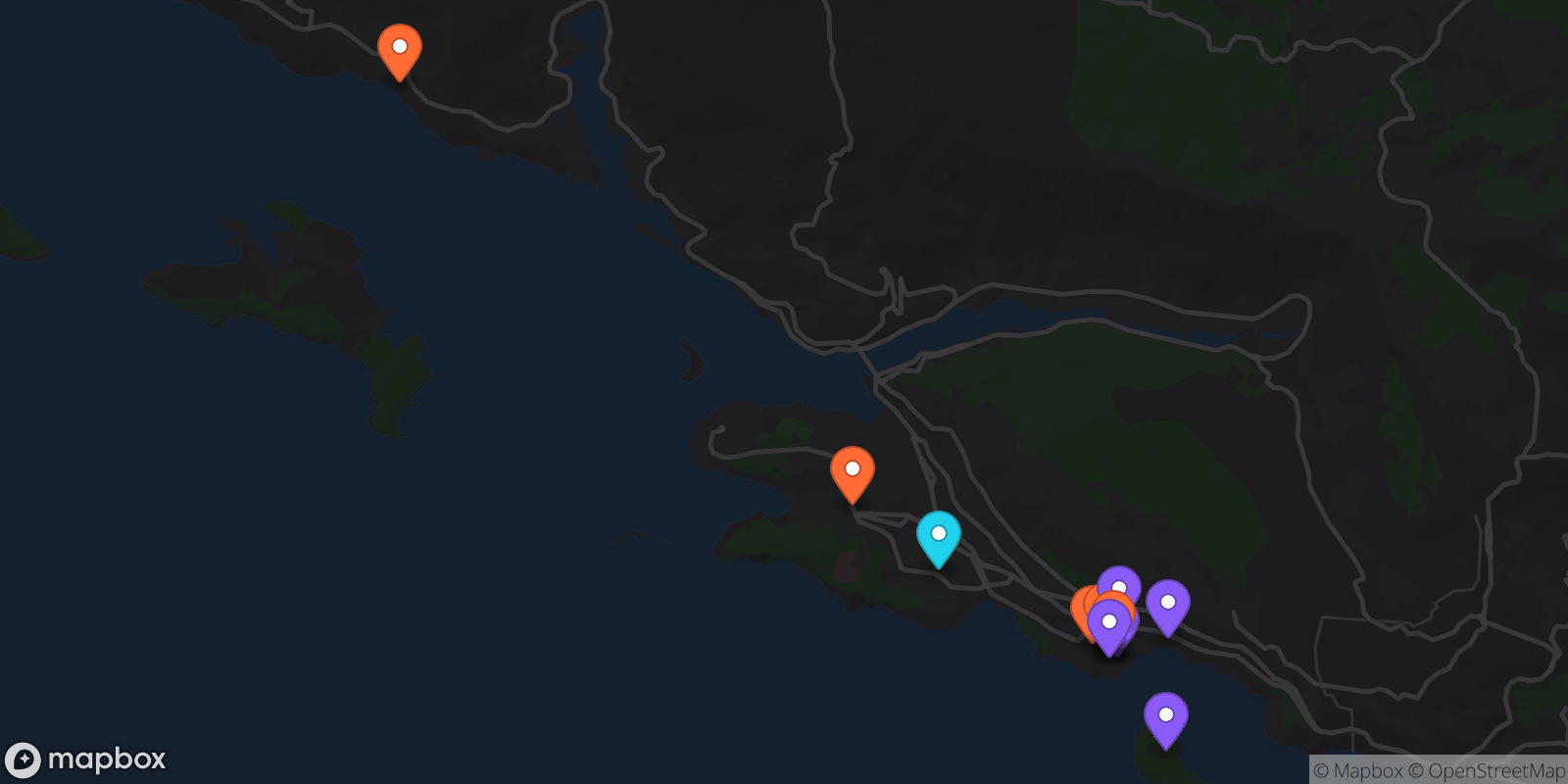 Map showing 13 locations