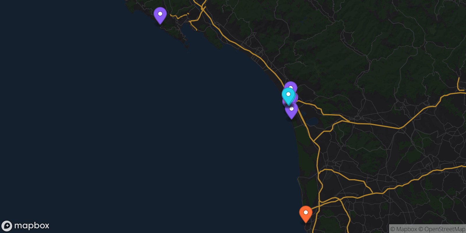 Map showing 16 locations