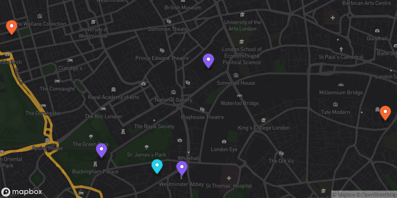 Map showing 6 locations