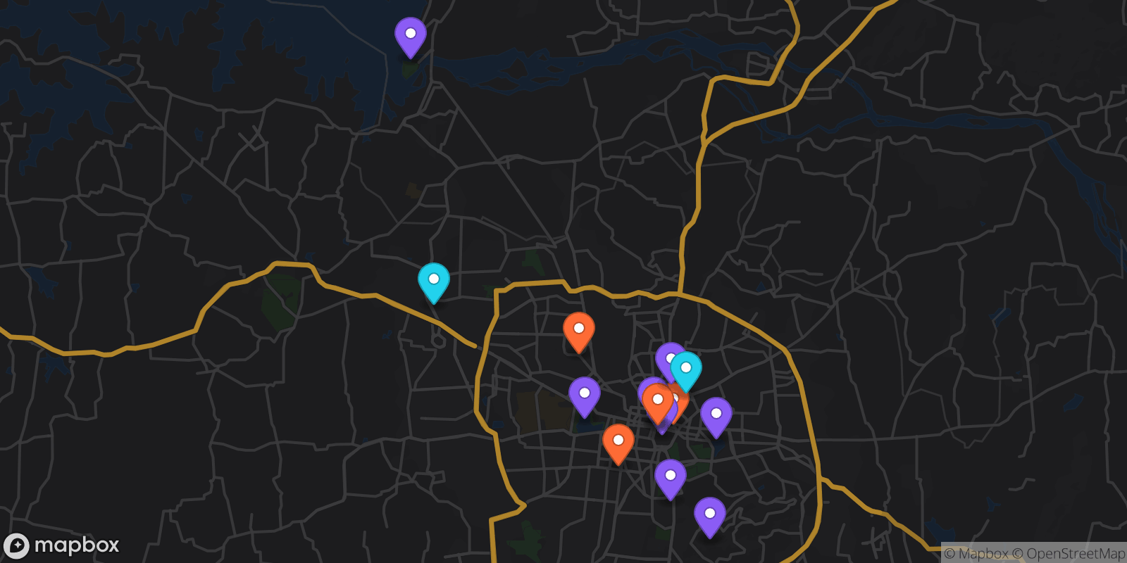 Map showing 15 locations