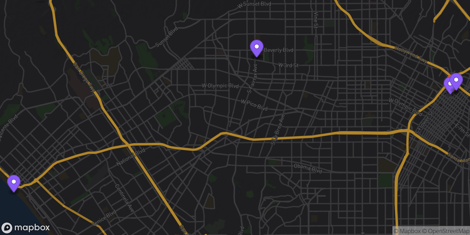 Map showing 6 locations
