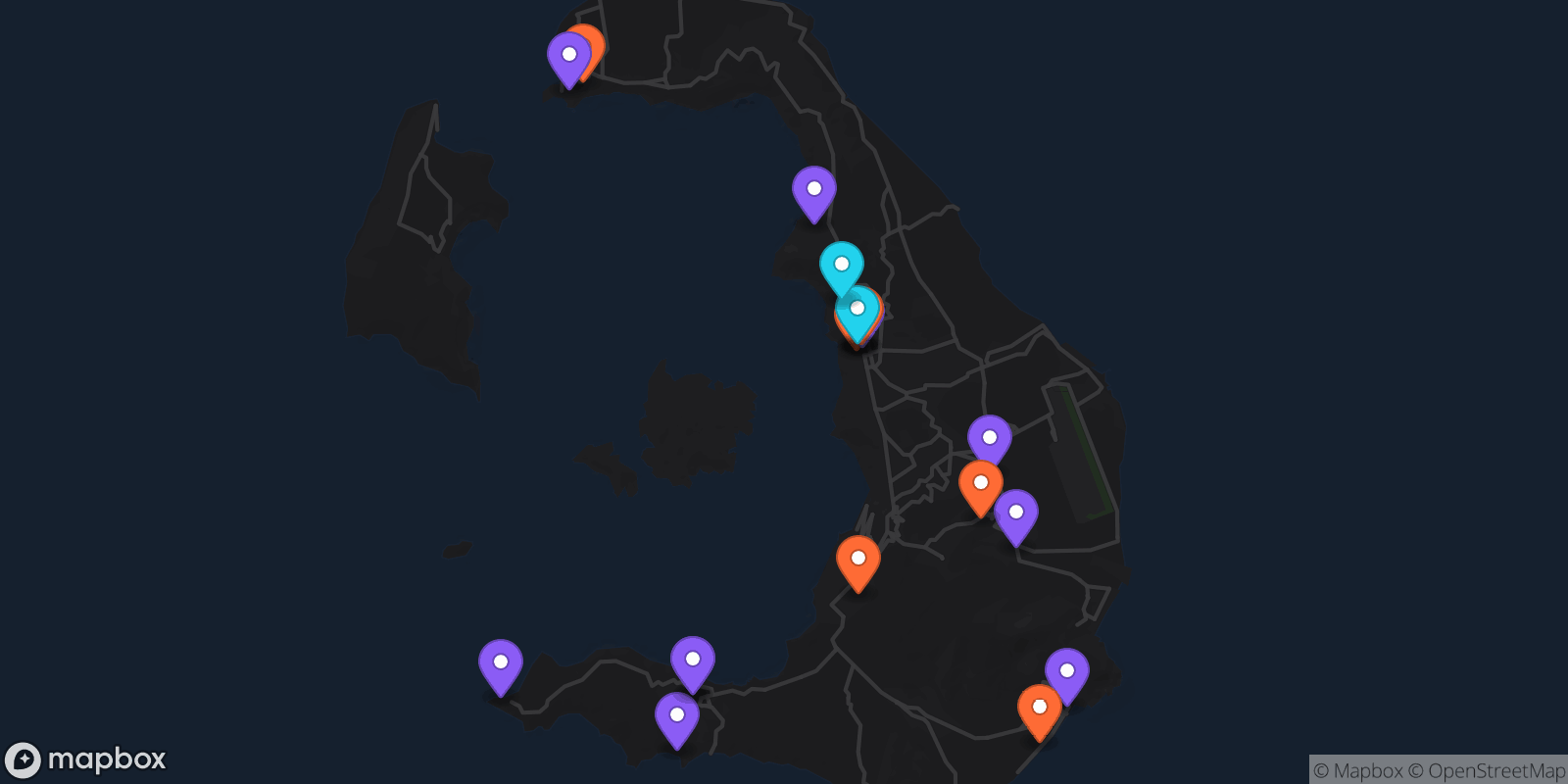 Map showing 19 locations