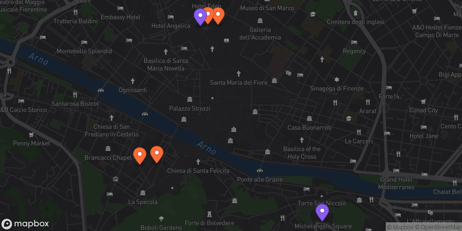Map showing 6 locations