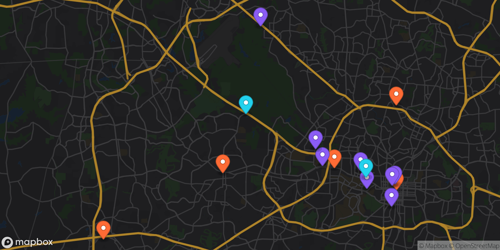 Map showing 15 locations