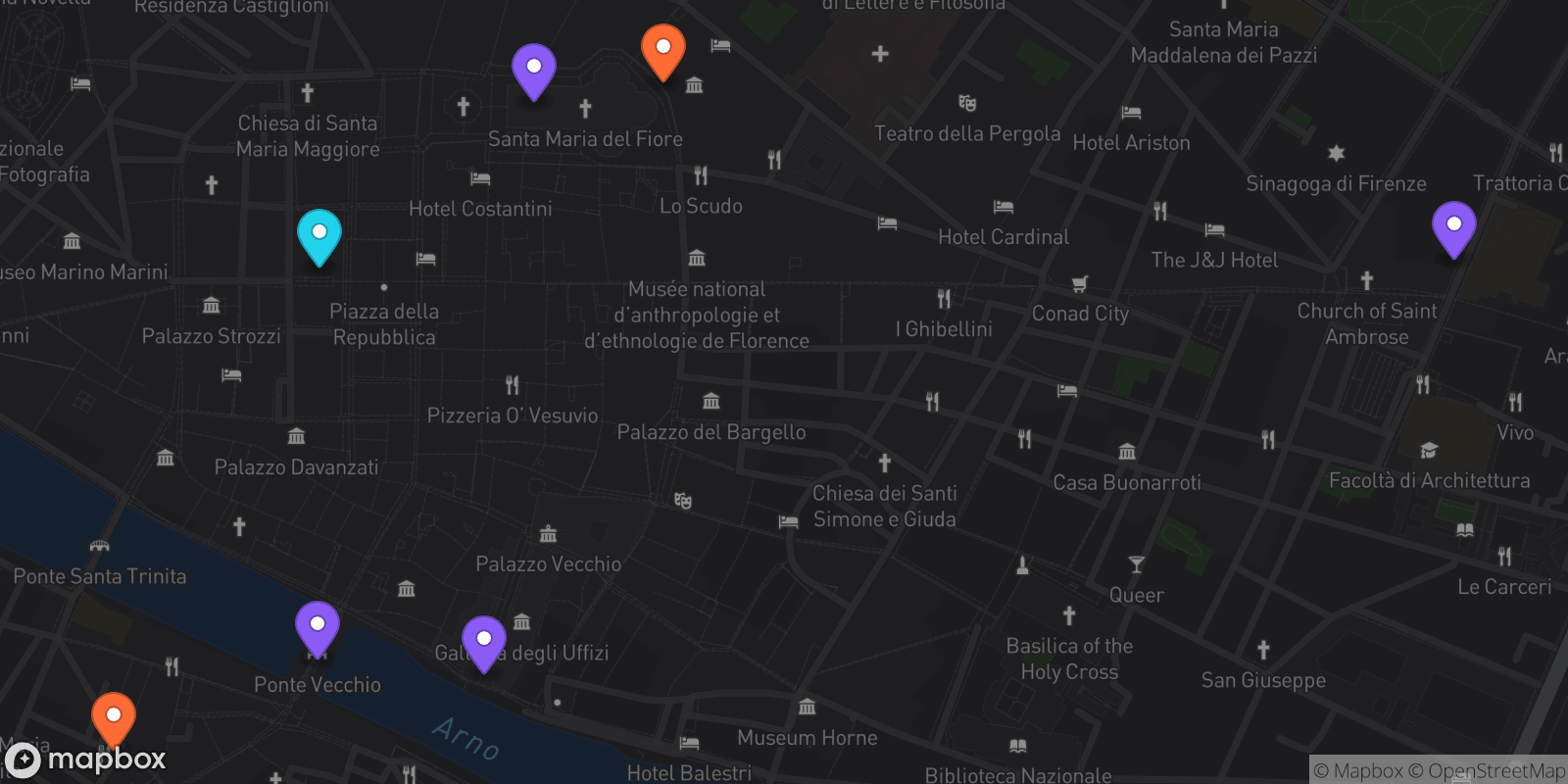 Map showing 7 locations