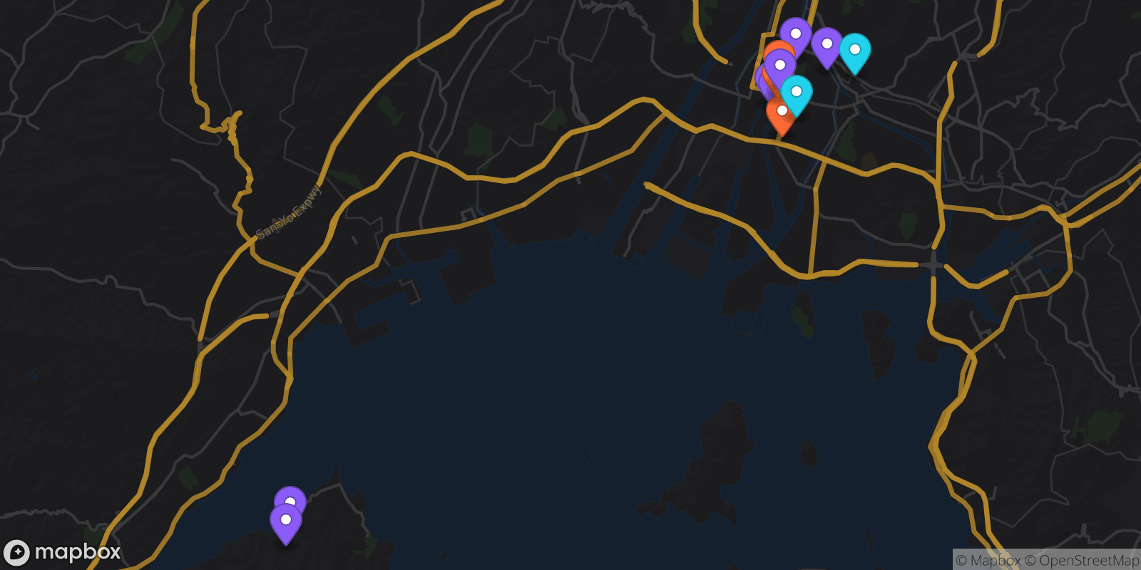 Map showing 13 locations