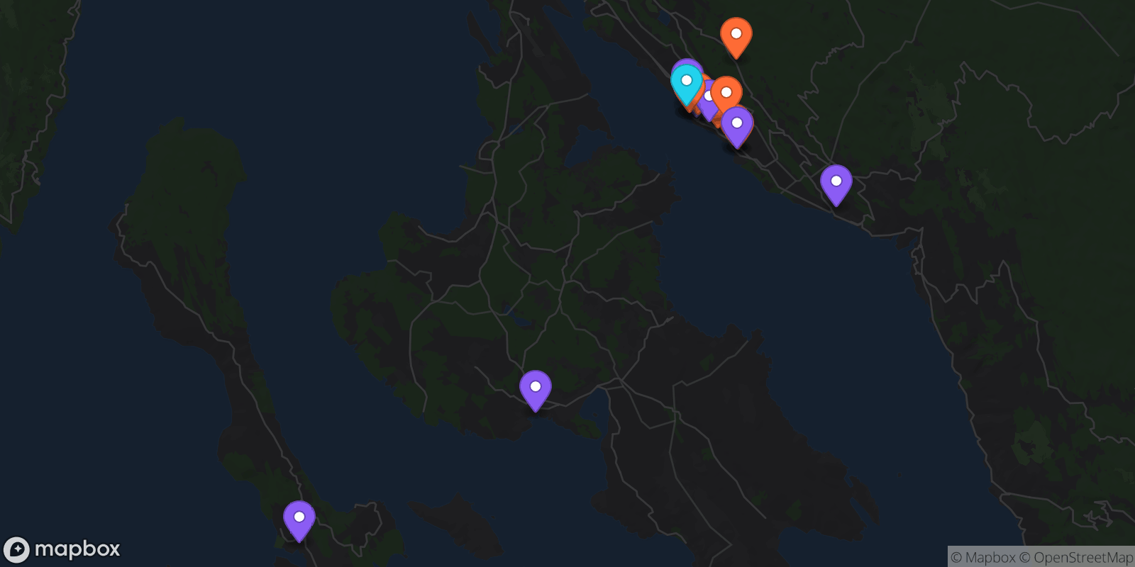 Map showing 18 locations