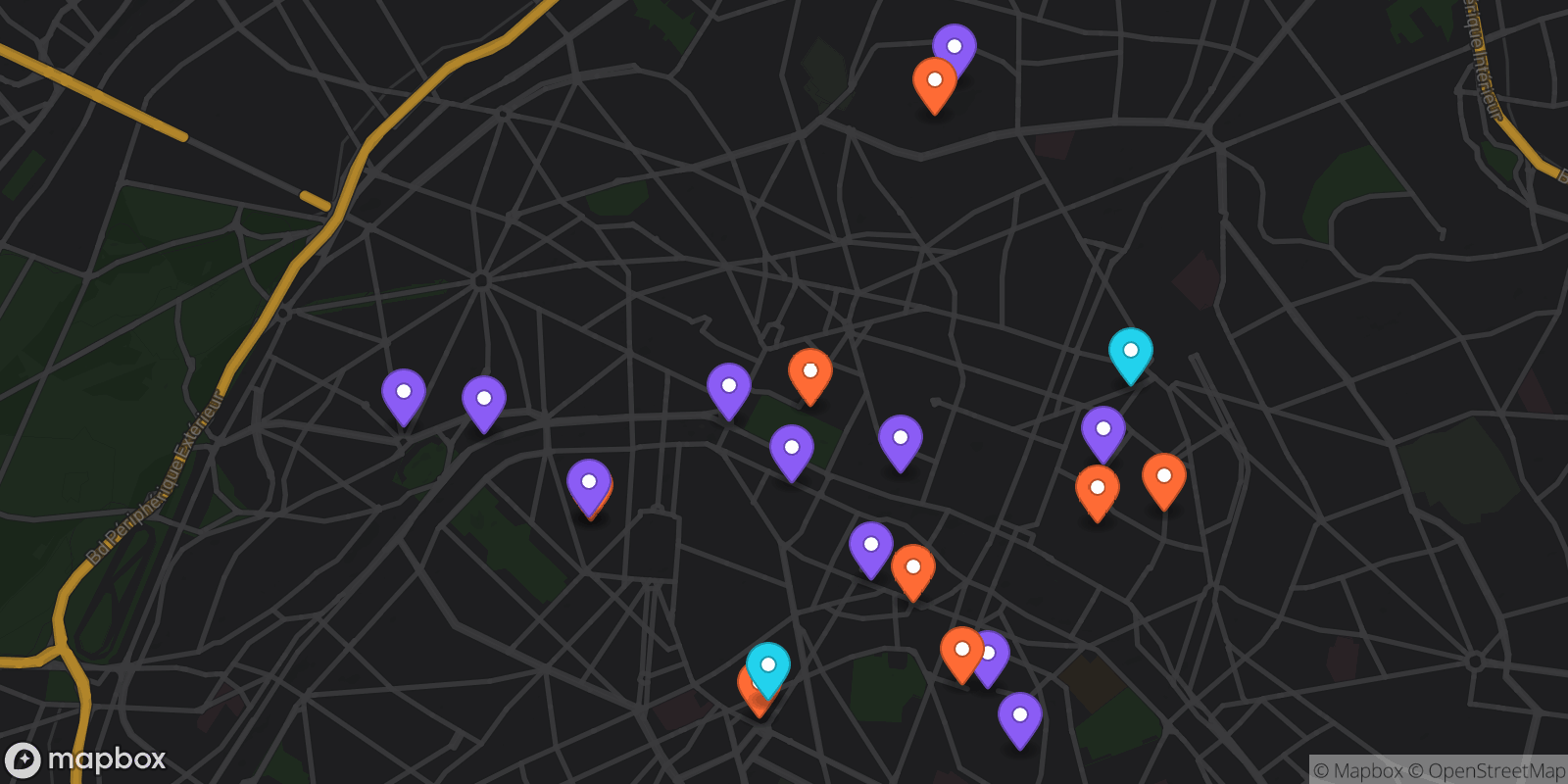 Map showing 21 locations