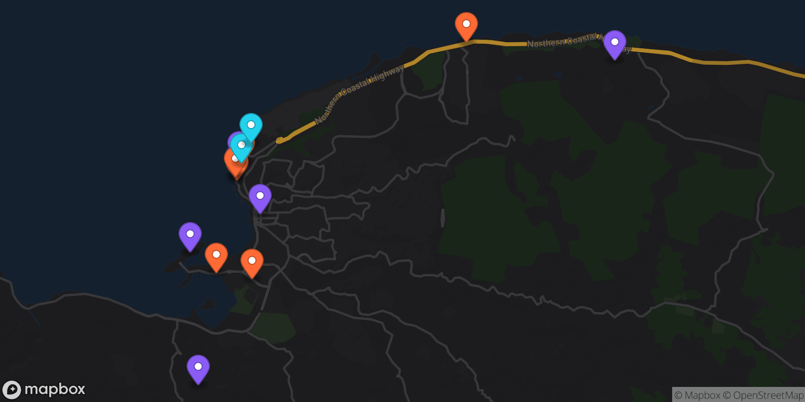 Map showing 14 locations
