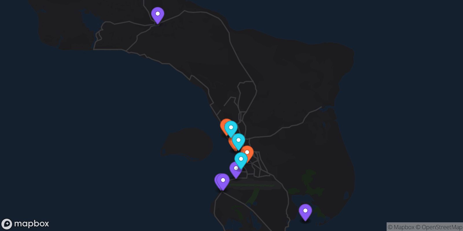 Map showing 13 locations