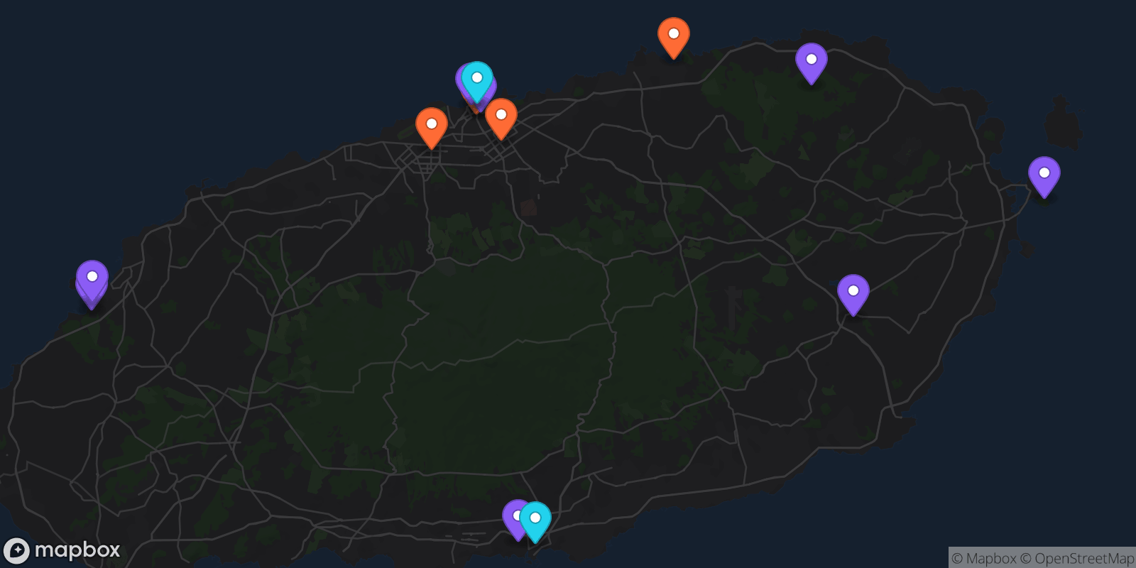 Map showing 14 locations