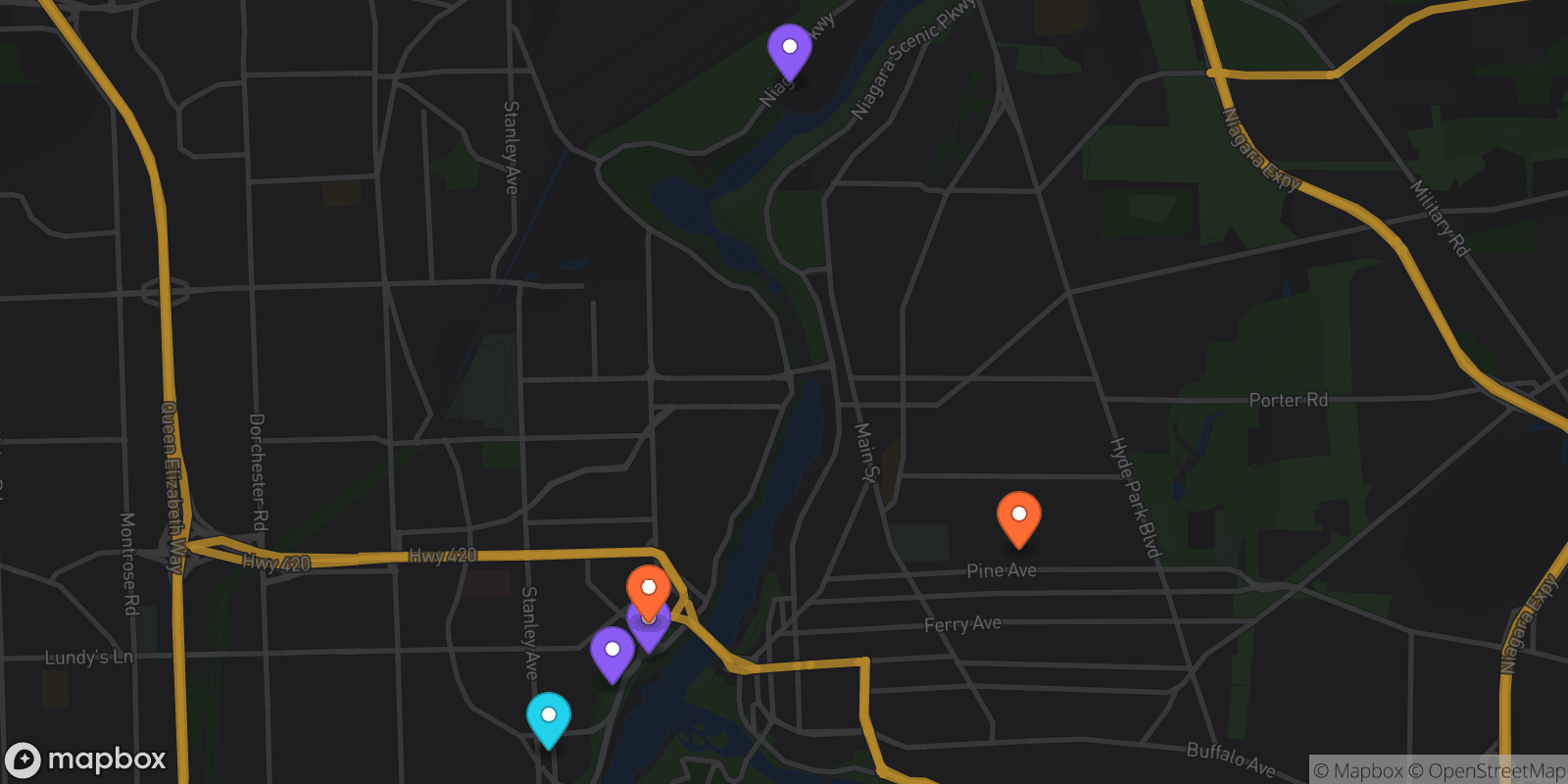 Map showing 6 locations