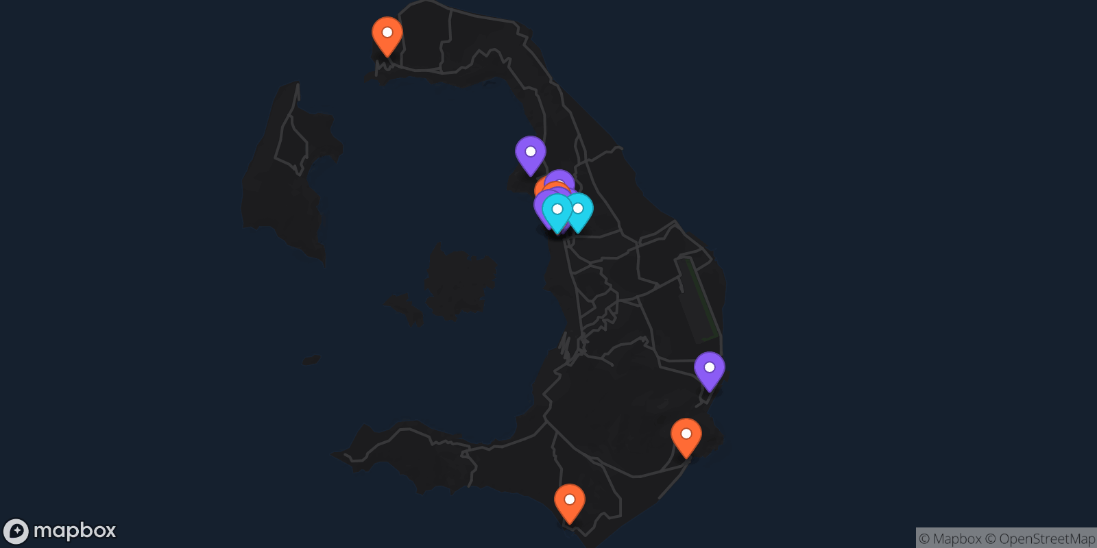 Map showing 17 locations