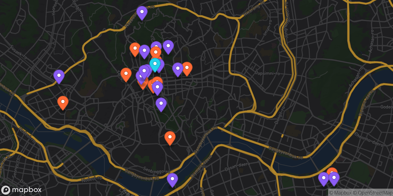 Map showing 28 locations