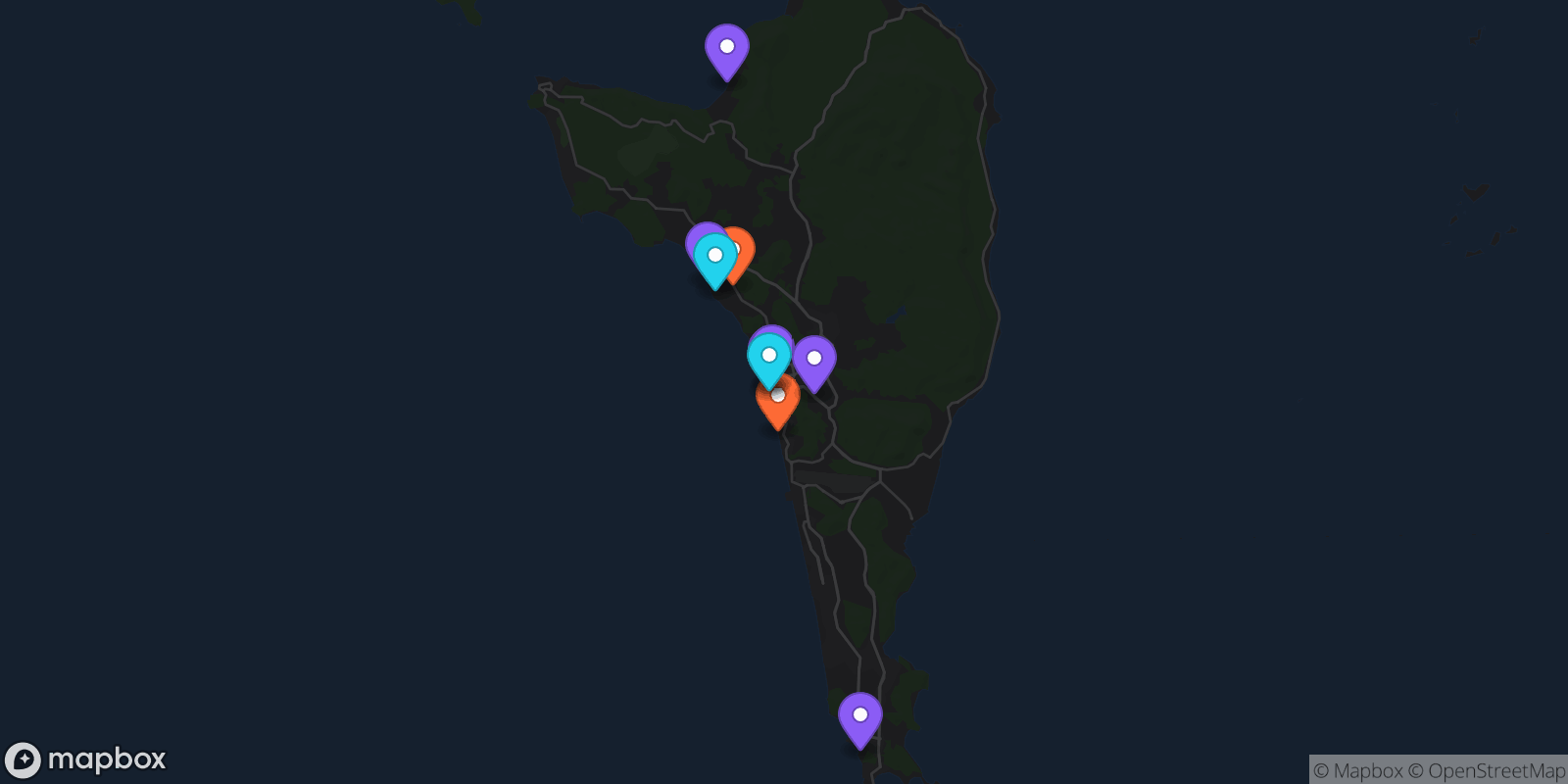 Map showing 10 locations