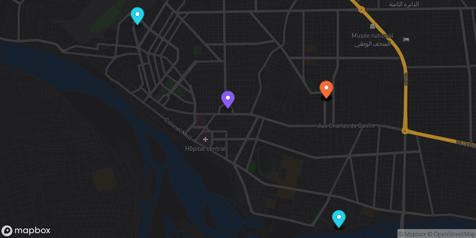 Map showing 13 locations