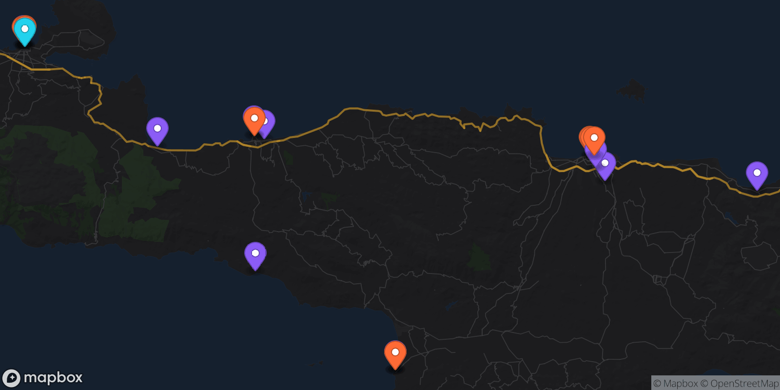 Map showing 21 locations