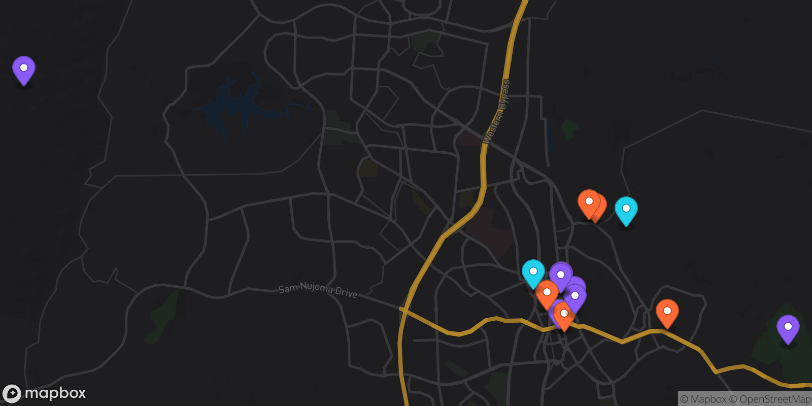 Map showing 15 locations