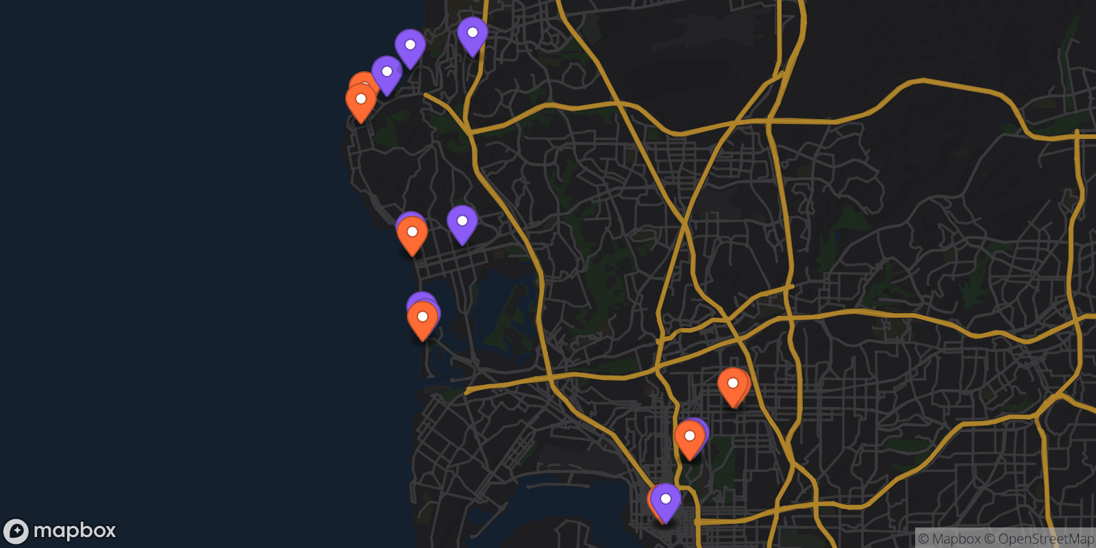 Map showing 19 locations