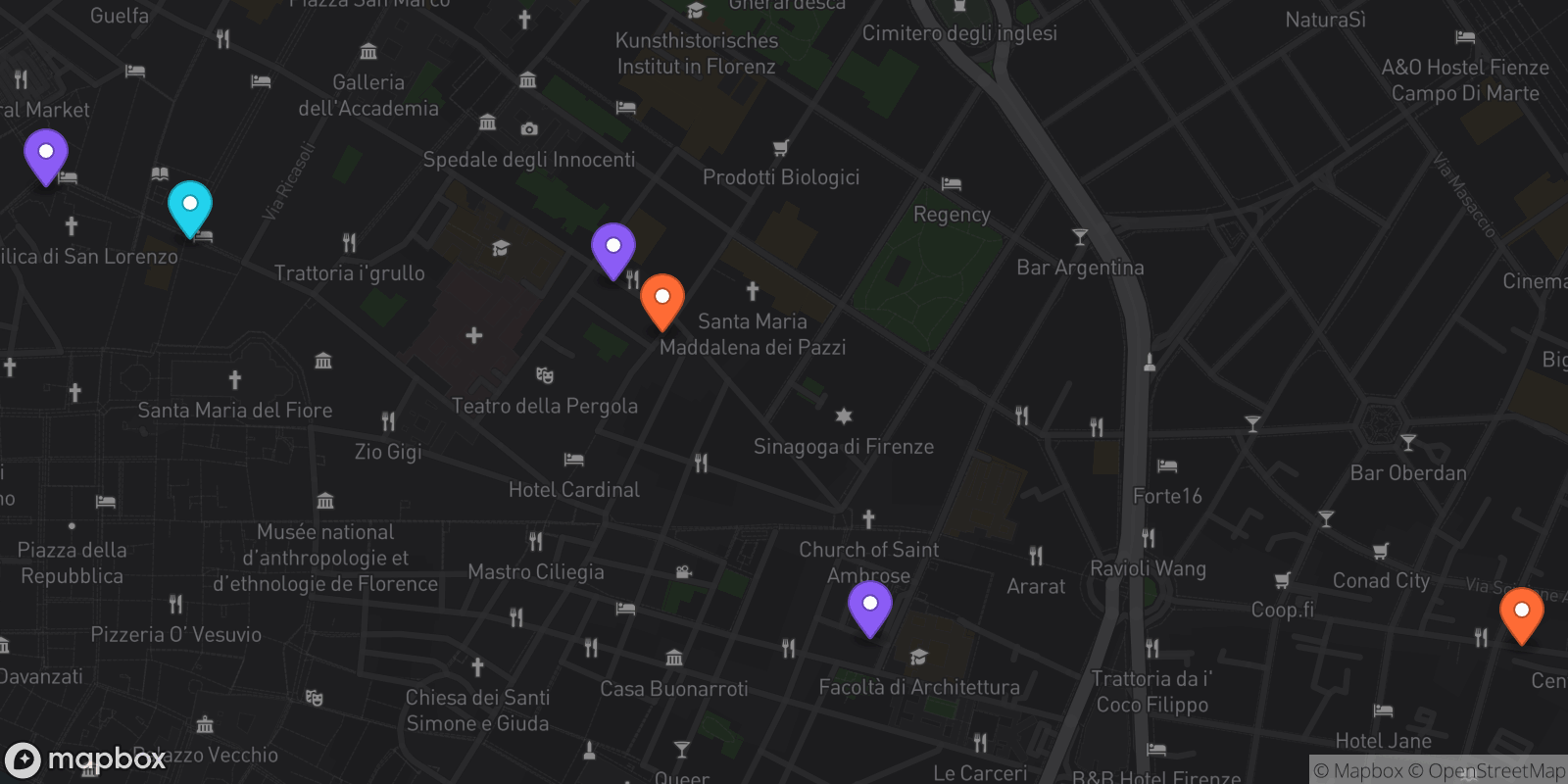 Map showing 6 locations